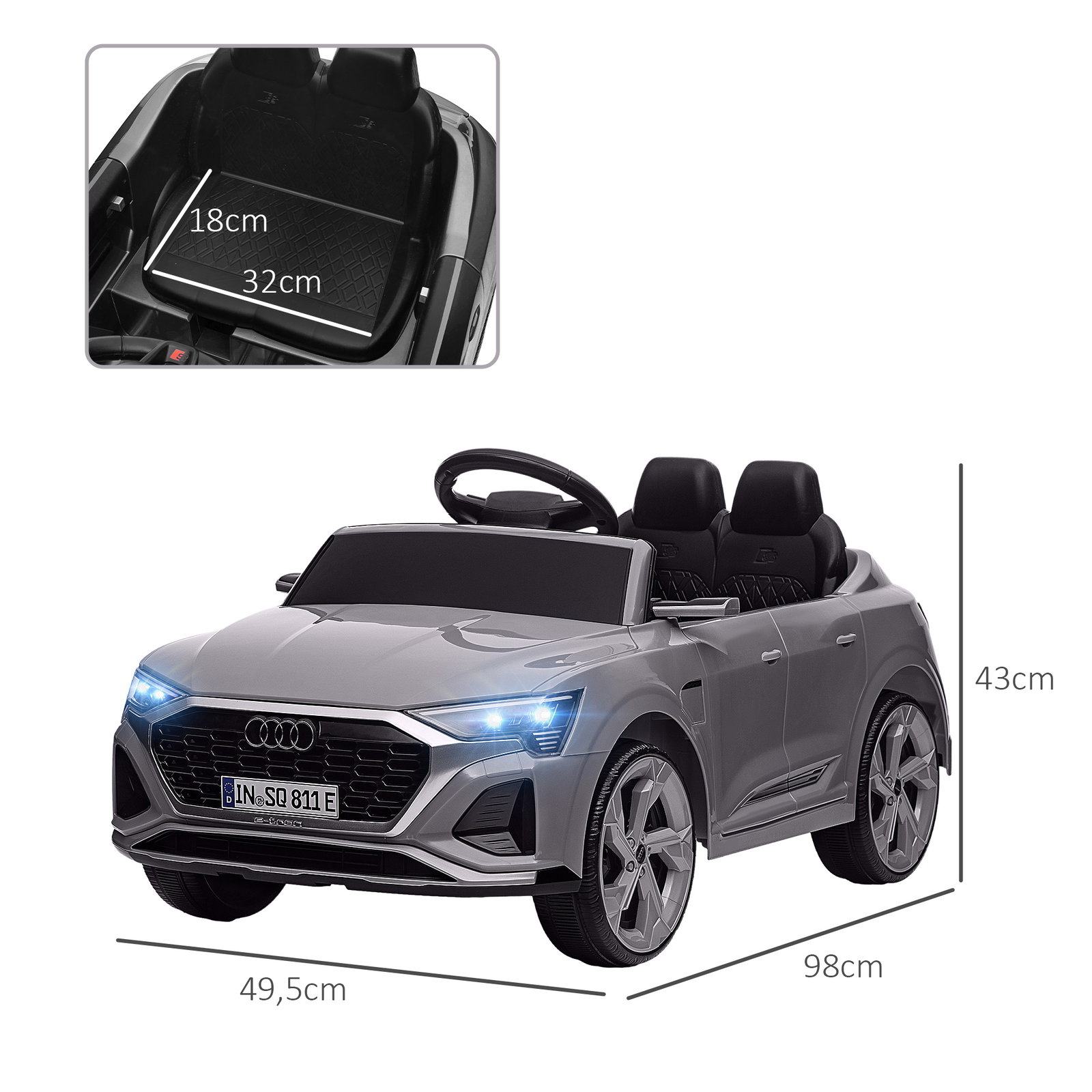 Carro elétrico para crianças carro audi q8 etron sportback infantil 12v faróis buzina e música 98x49,5x43 cm cinza
