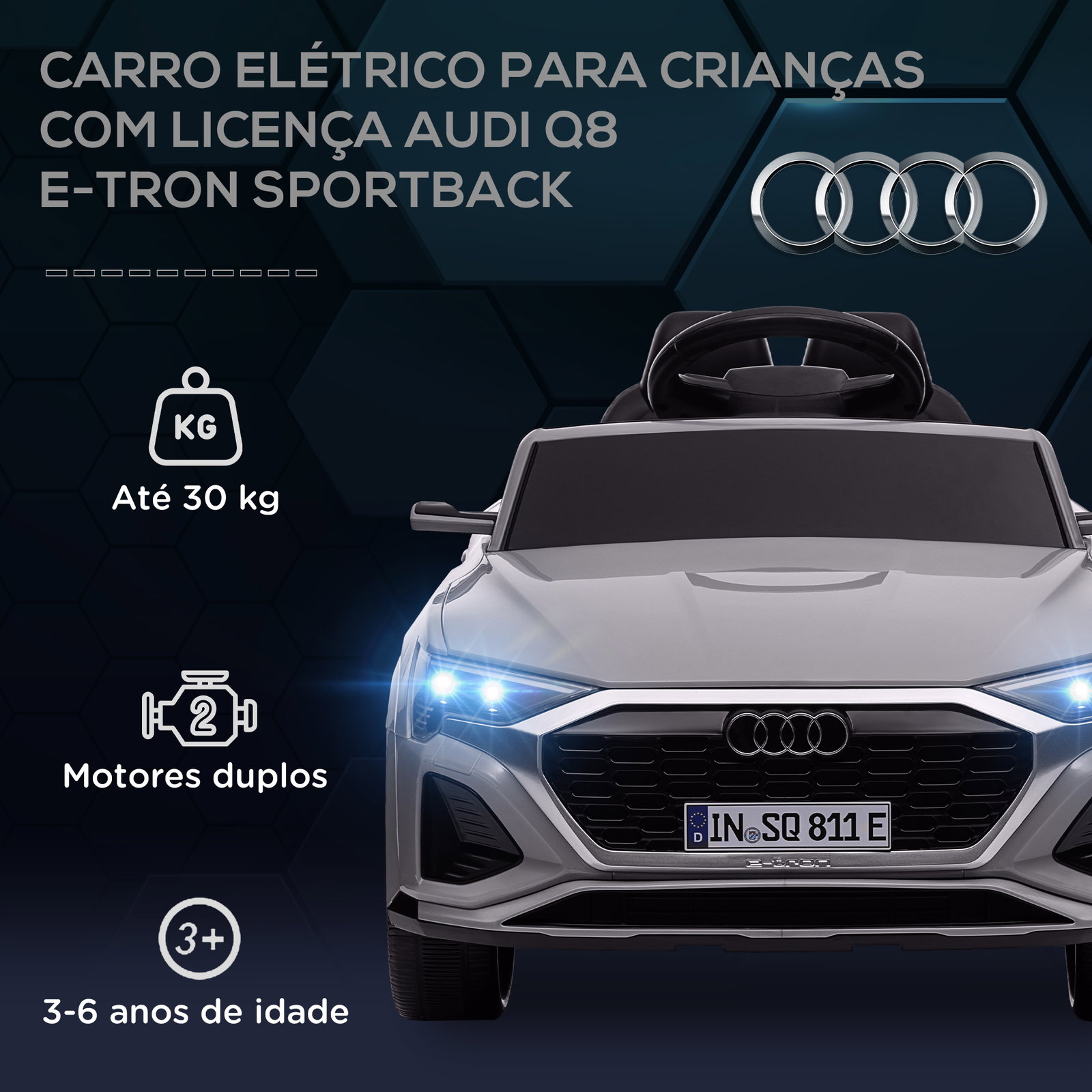 Carro elétrico para crianças carro audi q8 etron sportback infantil 12v faróis buzina e música 98x49,5x43 cm cinza