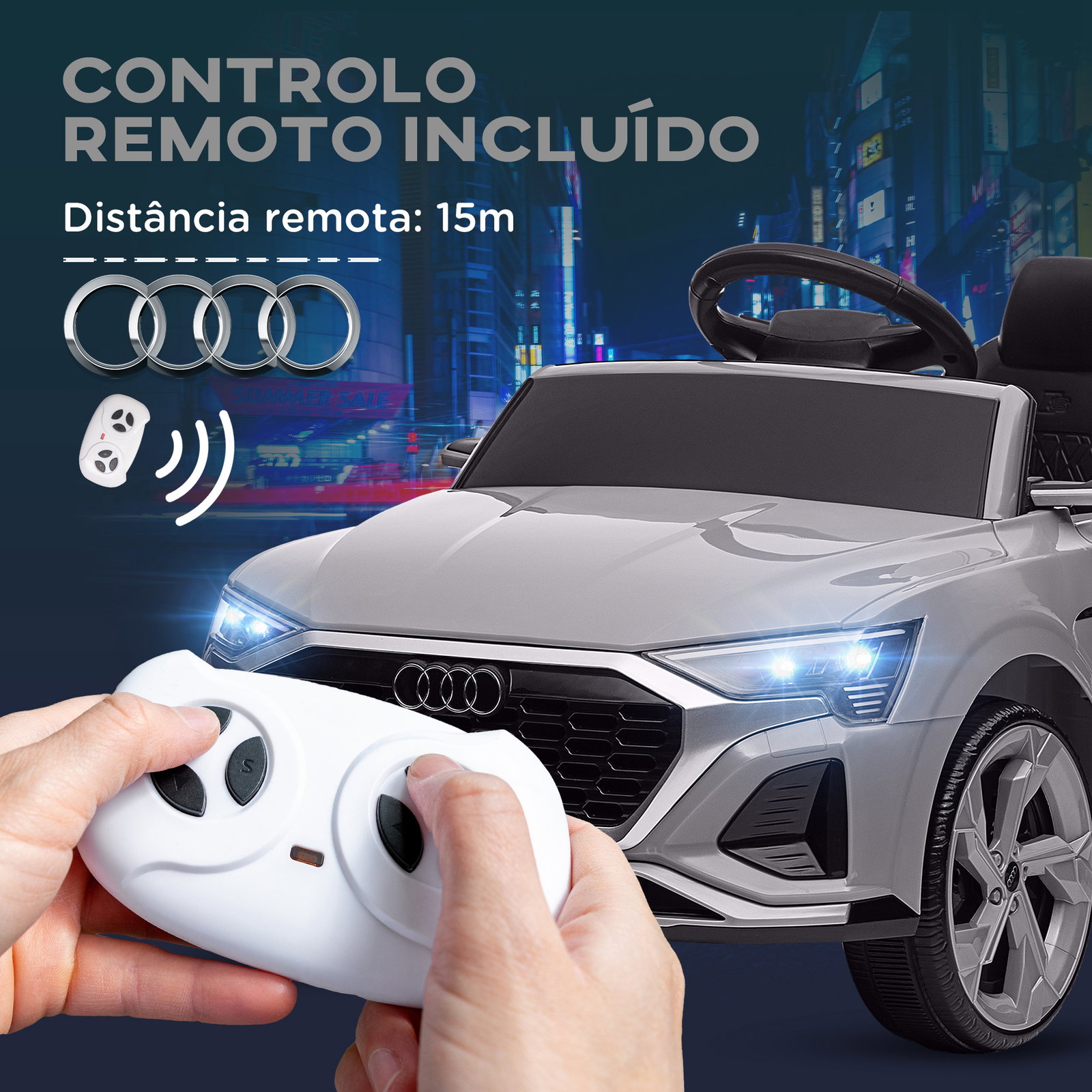 Carro elétrico para crianças carro audi q8 etron sportback infantil 12v faróis buzina e música 98x49,5x43 cm cinza