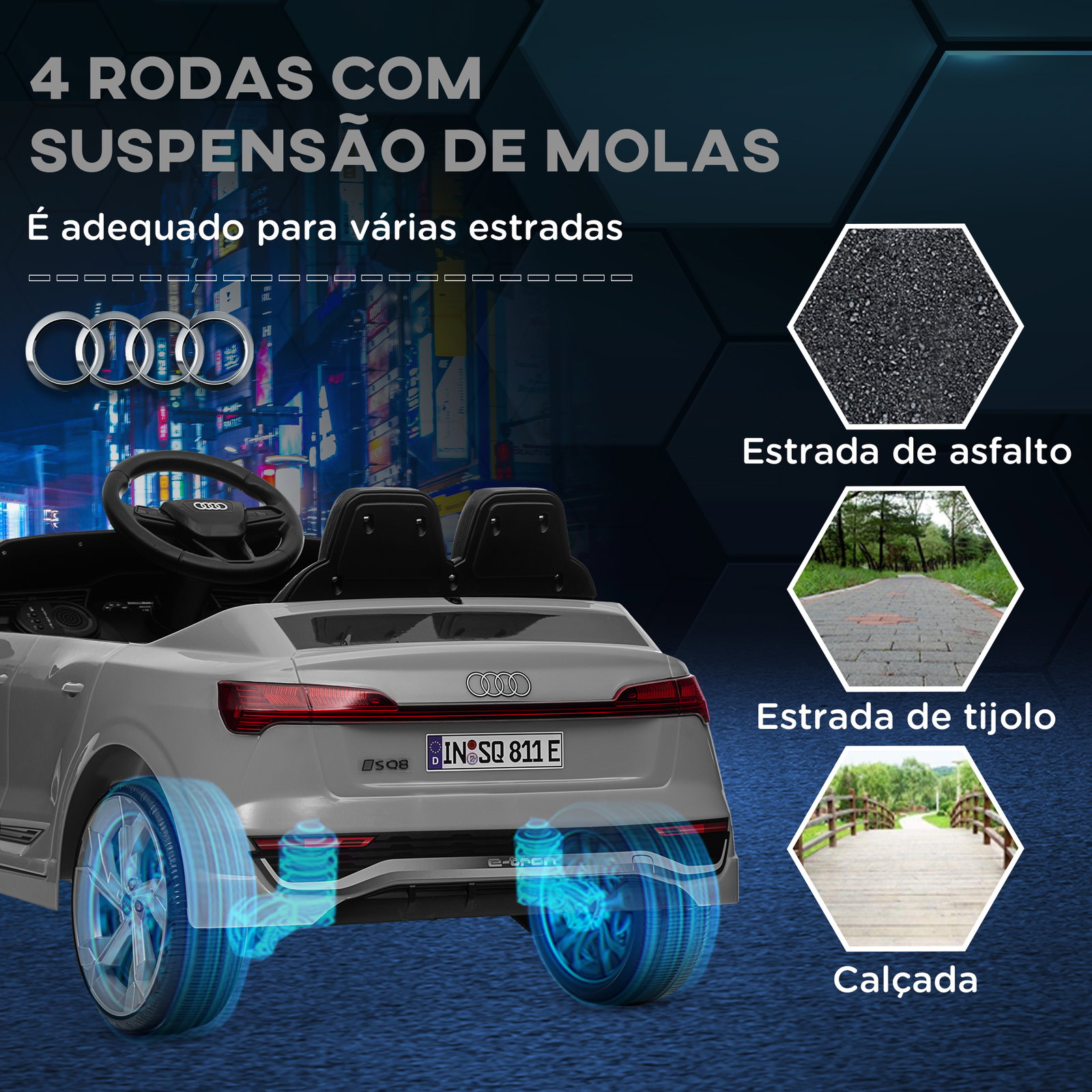 Carro elétrico para crianças carro audi q8 etron sportback infantil 12v faróis buzina e música 98x49,5x43 cm cinza