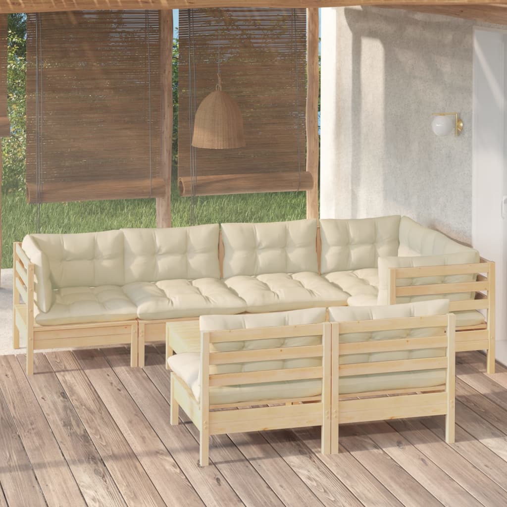 8 Pcs conjunto lounge jardim c/ almofadões creme pinho maciço