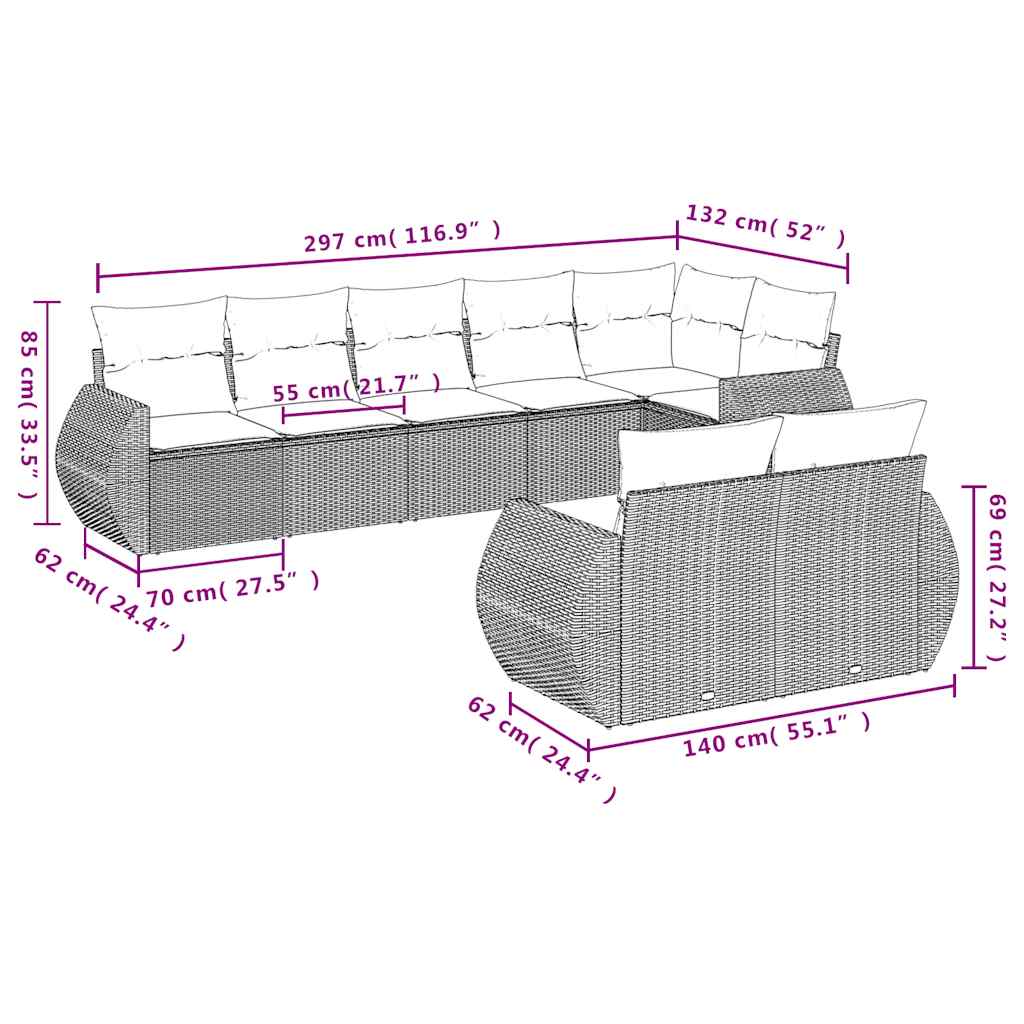 8 Pcs conjunto sofás de jardim com almofadões vime PE preto