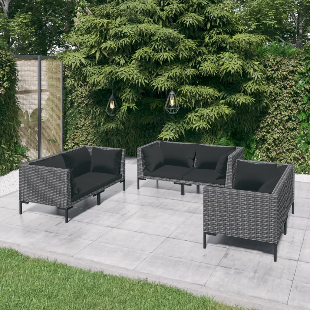 6 Pcs conj. lounge jardim c/ almofadões vime PE cinzento-escuro