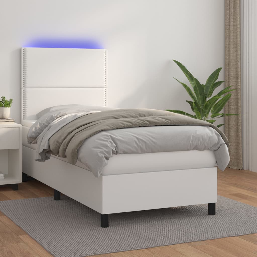 Cama box spring c/colchão/LED 100x200cm couro artificial branco