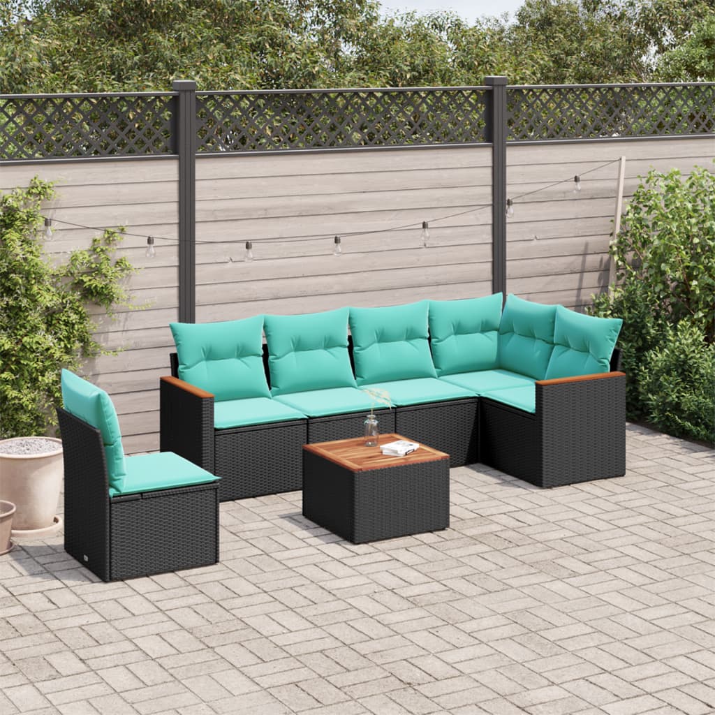 Conjunto de sofá de jardim com 7 peças e almofadas em rattan sintético preto