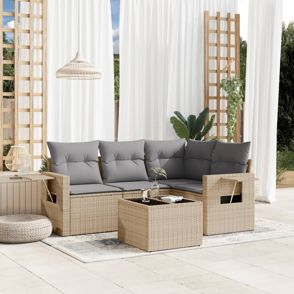 5 Pcs conjunto de sofás p/ jardim com almofadões vime PE bege