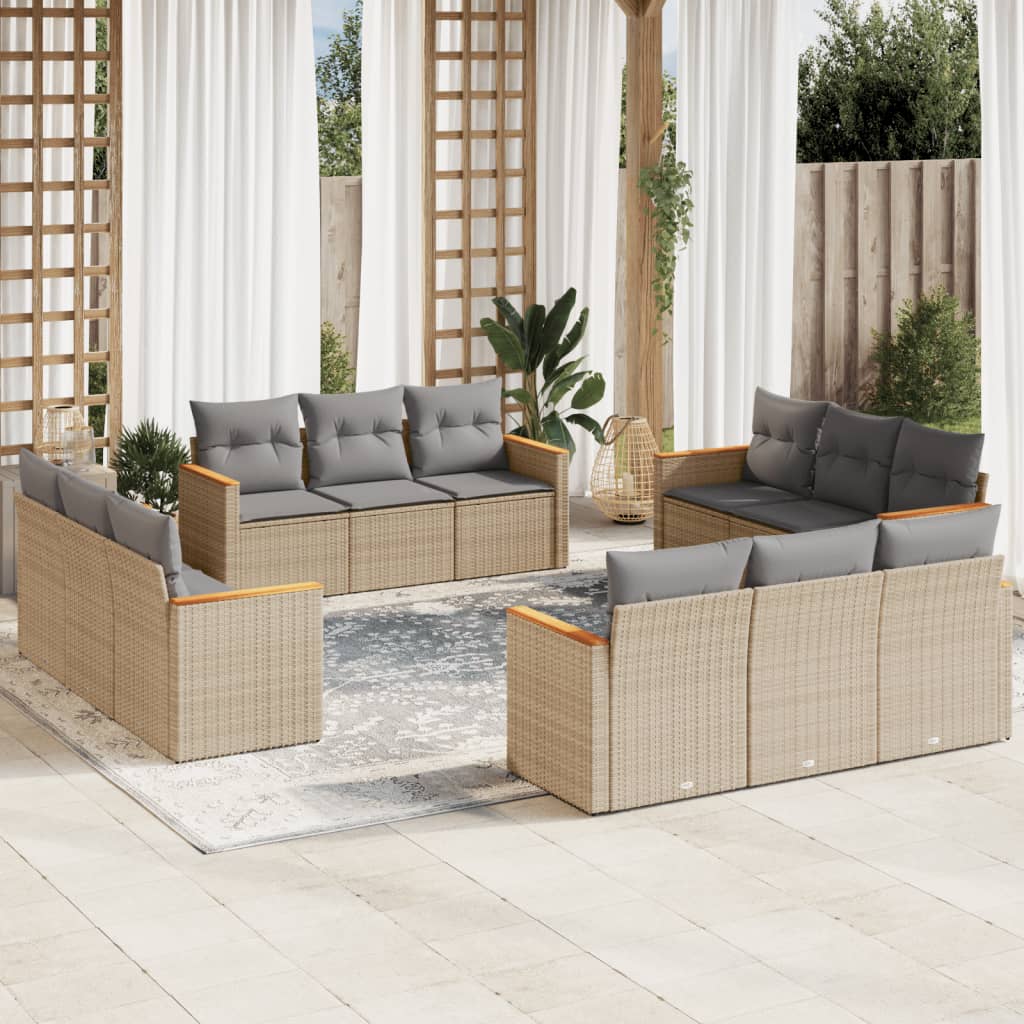 12 Pcs conjunto de sofás p/ jardim com almofadões vime PE bege