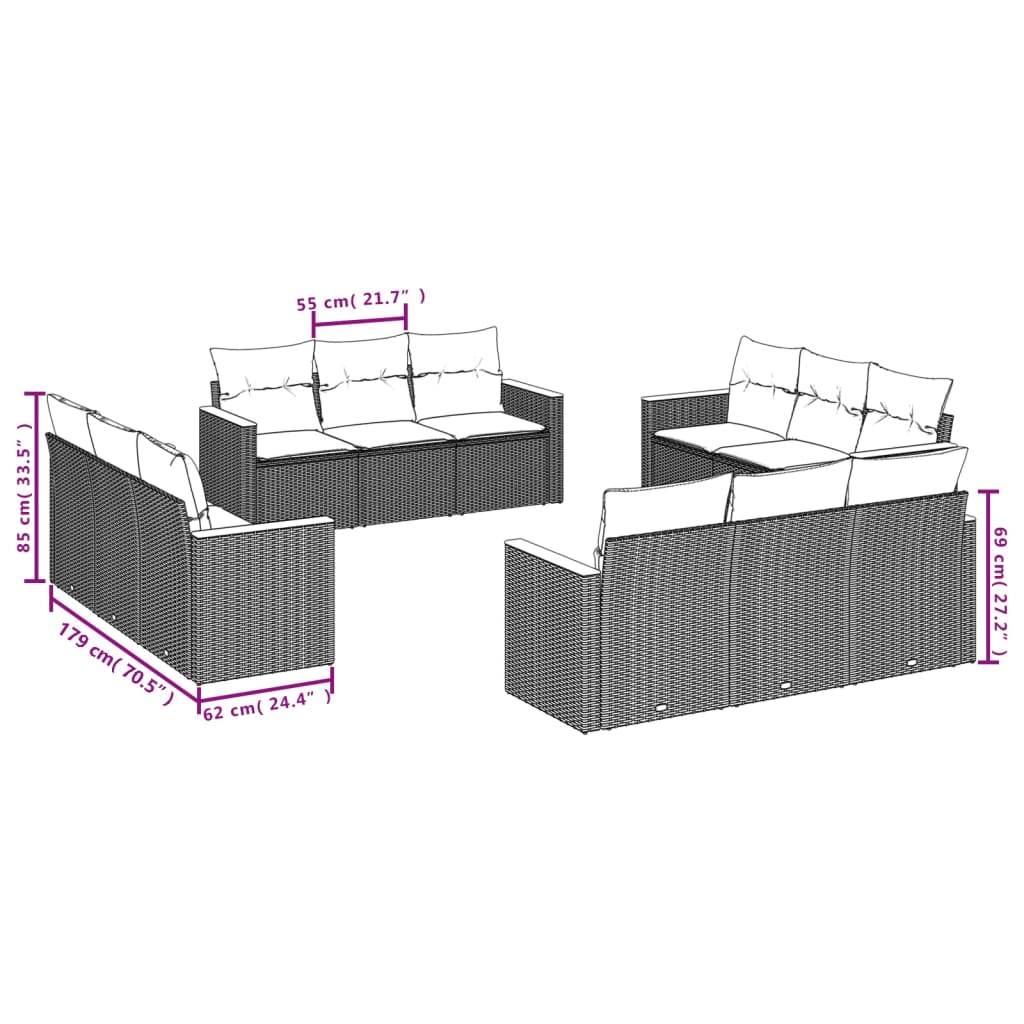 12 Pcs conjunto de sofás p/ jardim com almofadões vime PE bege
