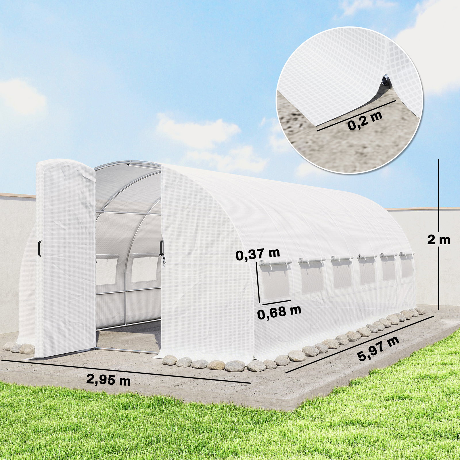 Estufa de túnel 6x3x2 m com porta de dobradiças,12 janelas com rede e estrutura de aço galvanizado branco