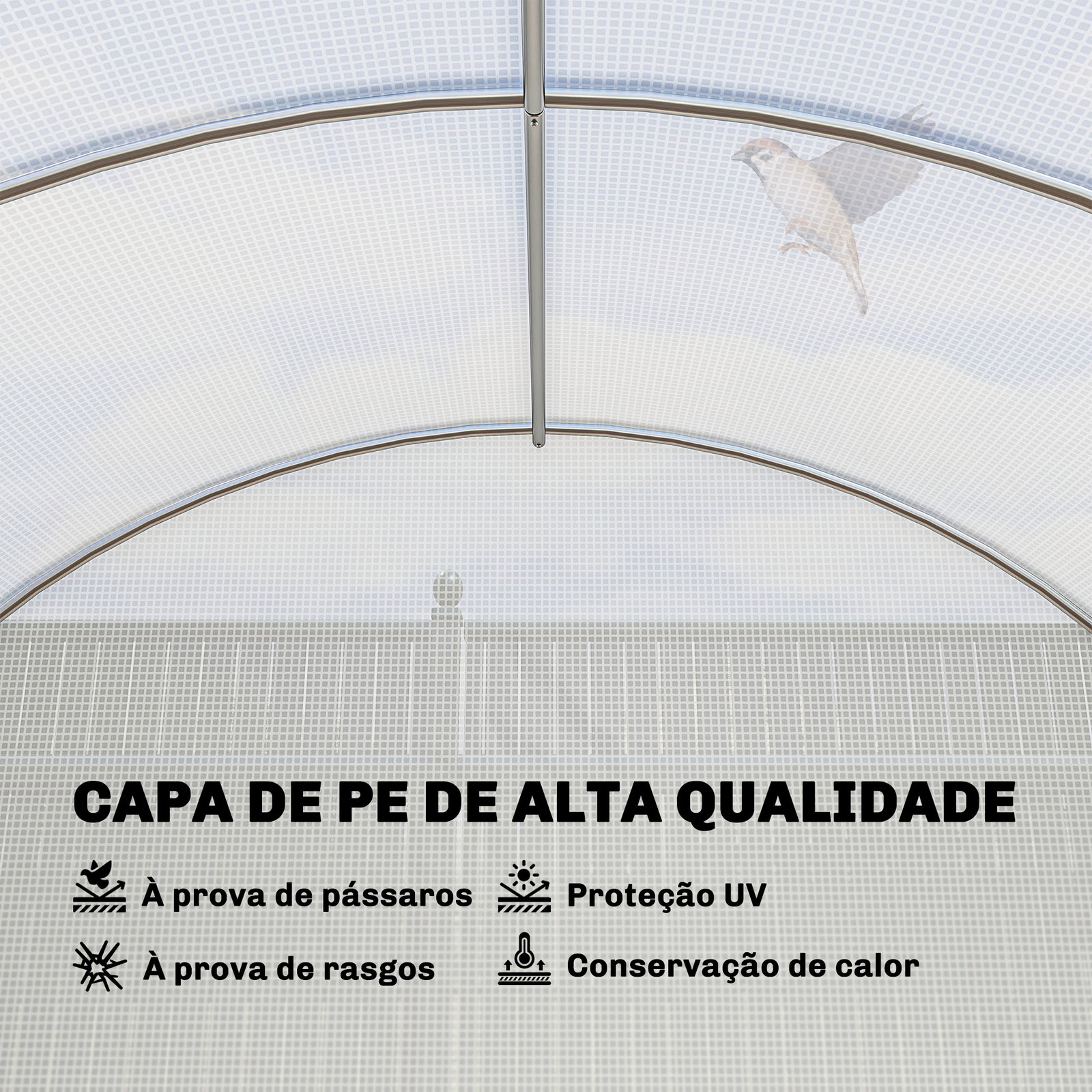 Estufa de túnel 6x3x2 m com porta de dobradiças,12 janelas com rede e estrutura de aço galvanizado branco