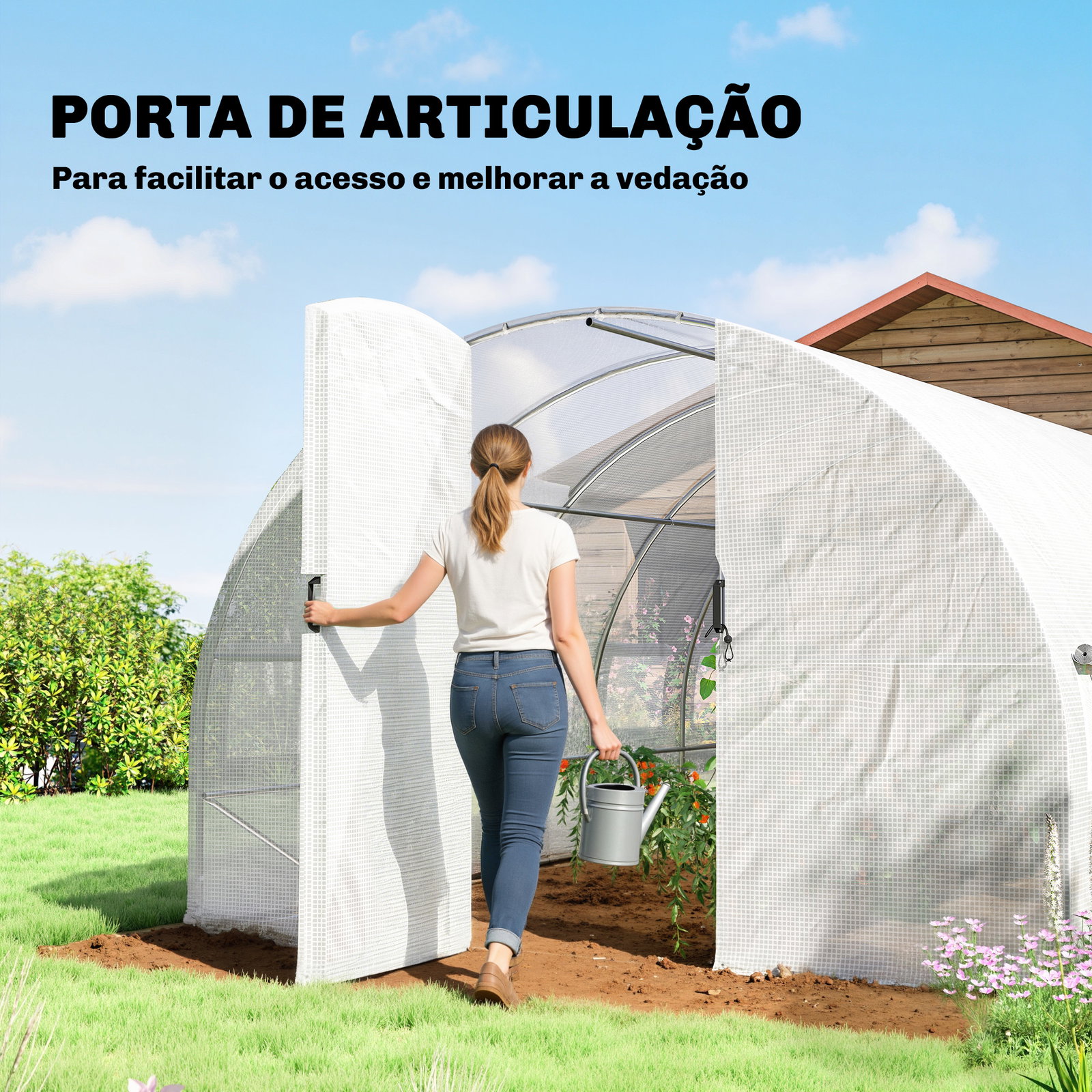 Estufa de túnel 6x3x2 m com porta de dobradiças,12 janelas com rede e estrutura de aço galvanizado branco