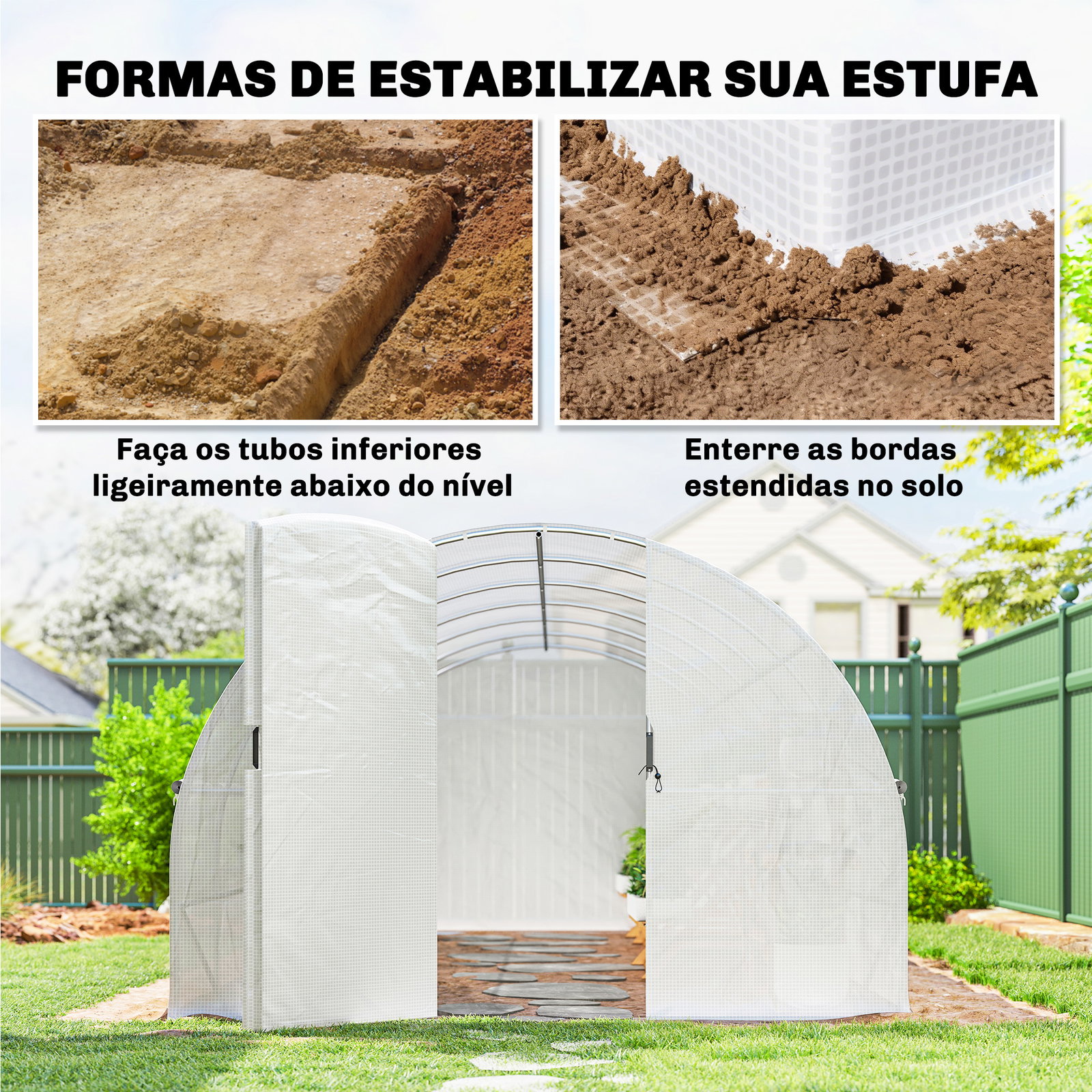 Estufa de túnel 6x3x2 m com porta de dobradiças,12 janelas com rede e estrutura de aço galvanizado branco