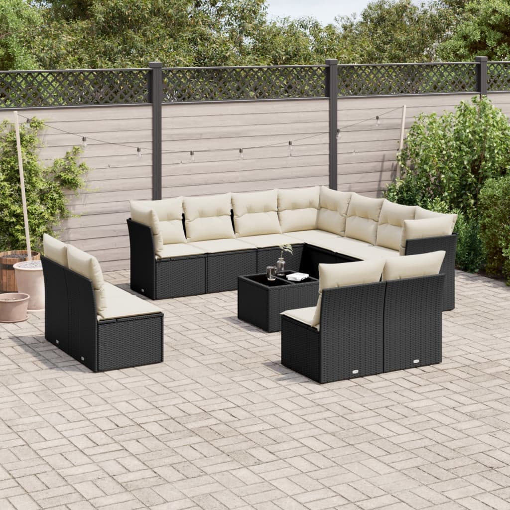 12 Pcs conjunto de sofás de jardim c/ almofadões vime PE preto