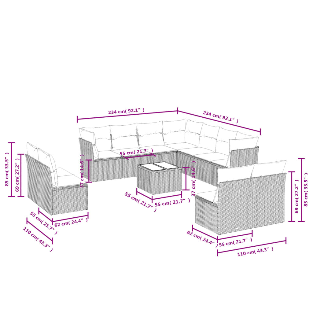 12 Pcs conjunto de sofás de jardim c/ almofadões vime PE preto