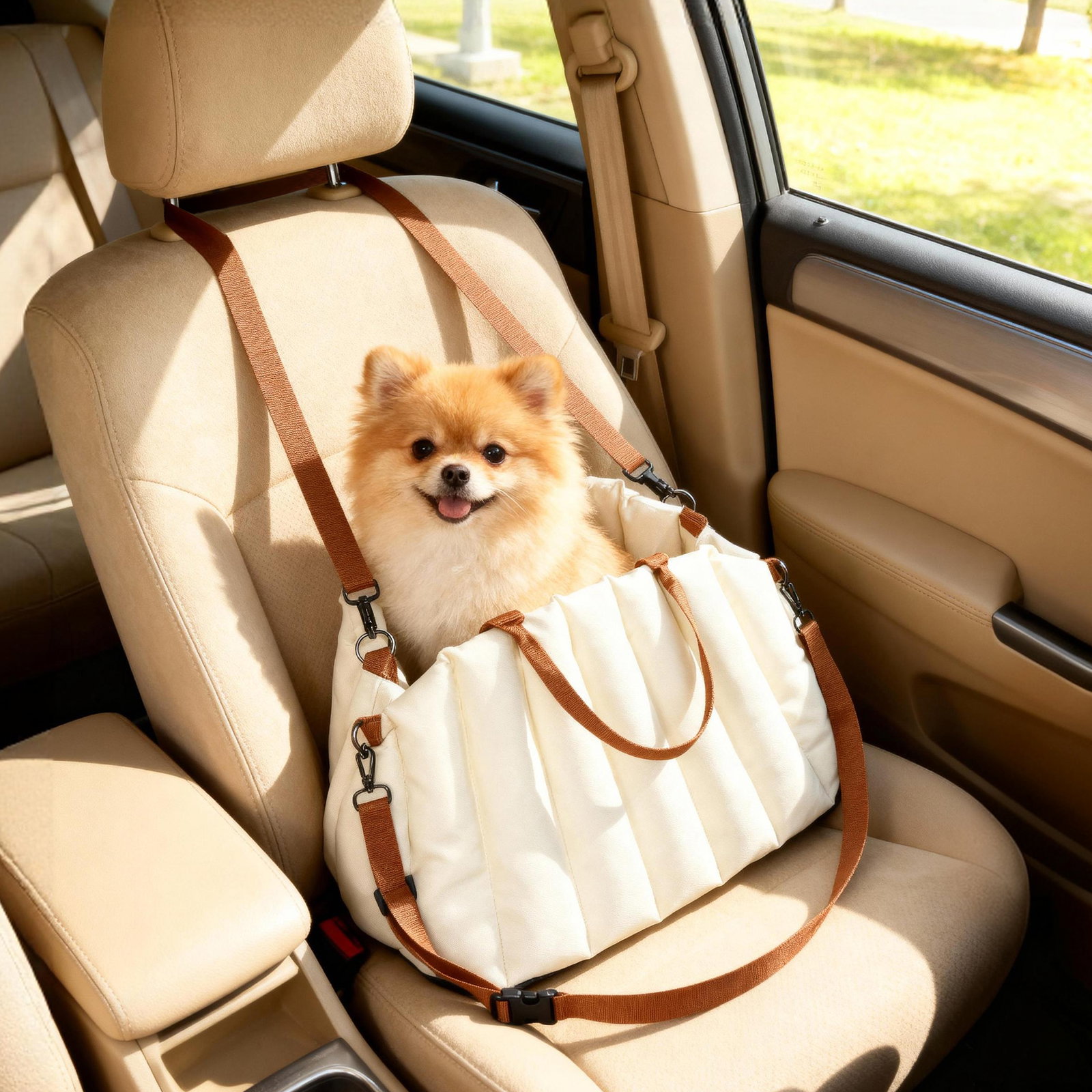 Assento de carro para cães pequenos de até 5 kg com cinto de segurança e capa removível e lavável 50x30x31 cm creme