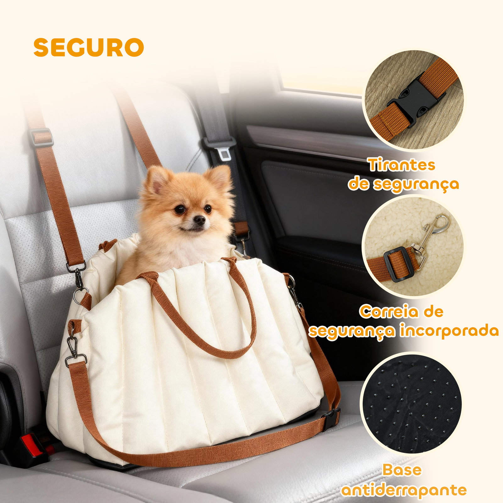 Assento de carro para cães pequenos de até 5 kg com cinto de segurança e capa removível e lavável 50x30x31 cm creme