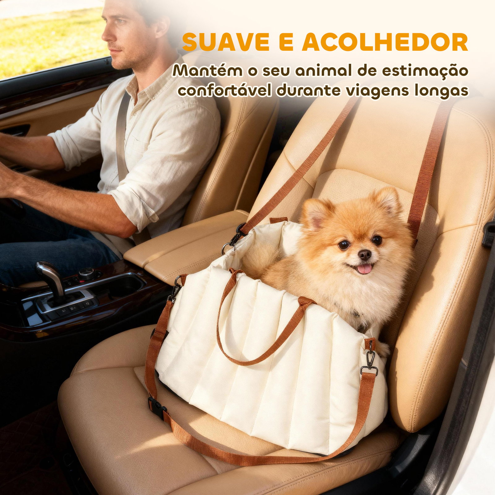 Assento de carro para cães pequenos de até 5 kg com cinto de segurança e capa removível e lavável 50x30x31 cm creme