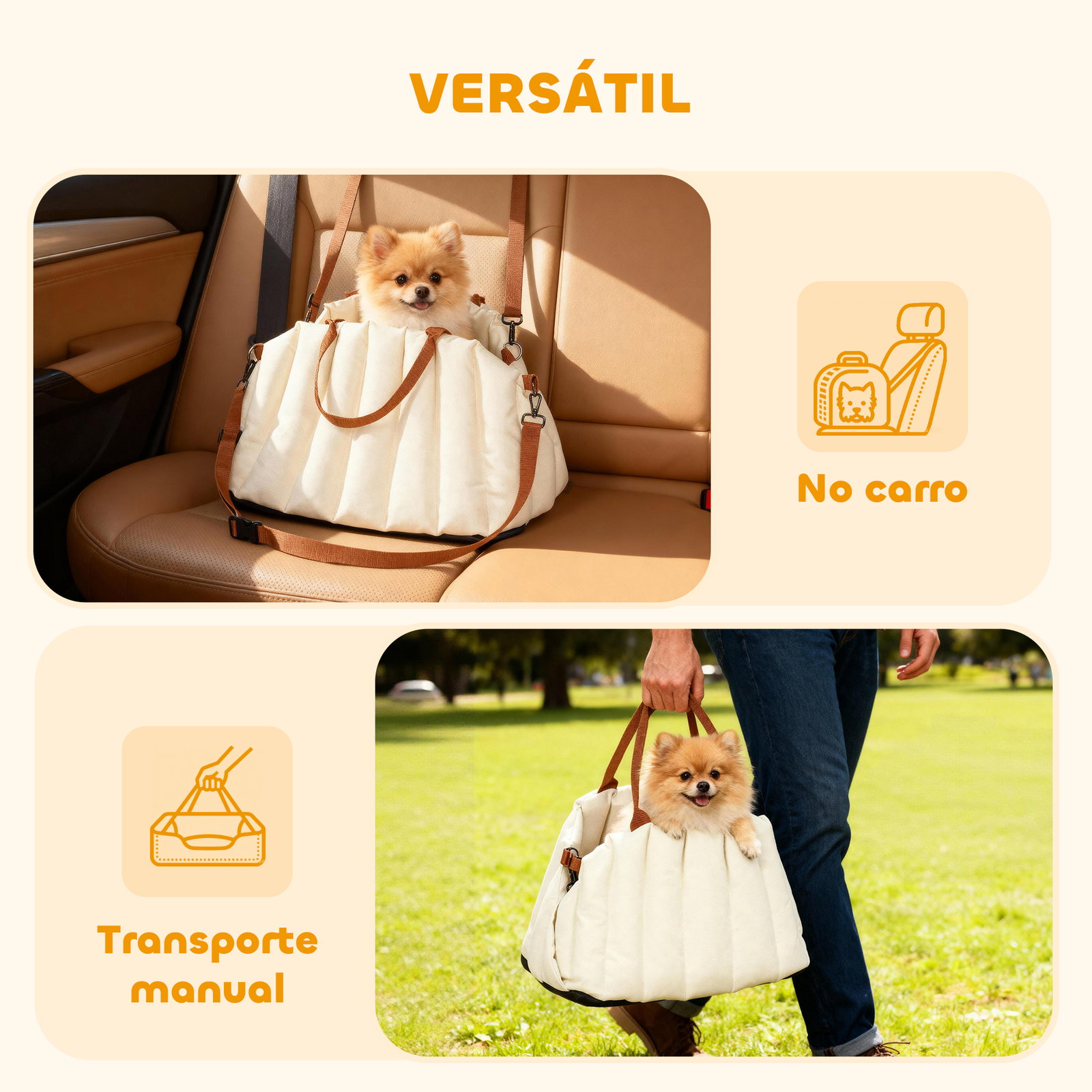 Assento de carro para cães pequenos de até 5 kg com cinto de segurança e capa removível e lavável 50x30x31 cm creme