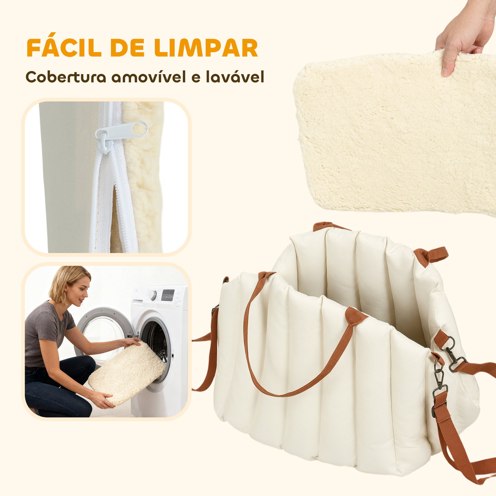 Assento de carro para cães pequenos de até 5 kg com cinto de segurança e capa removível e lavável 50x30x31 cm creme