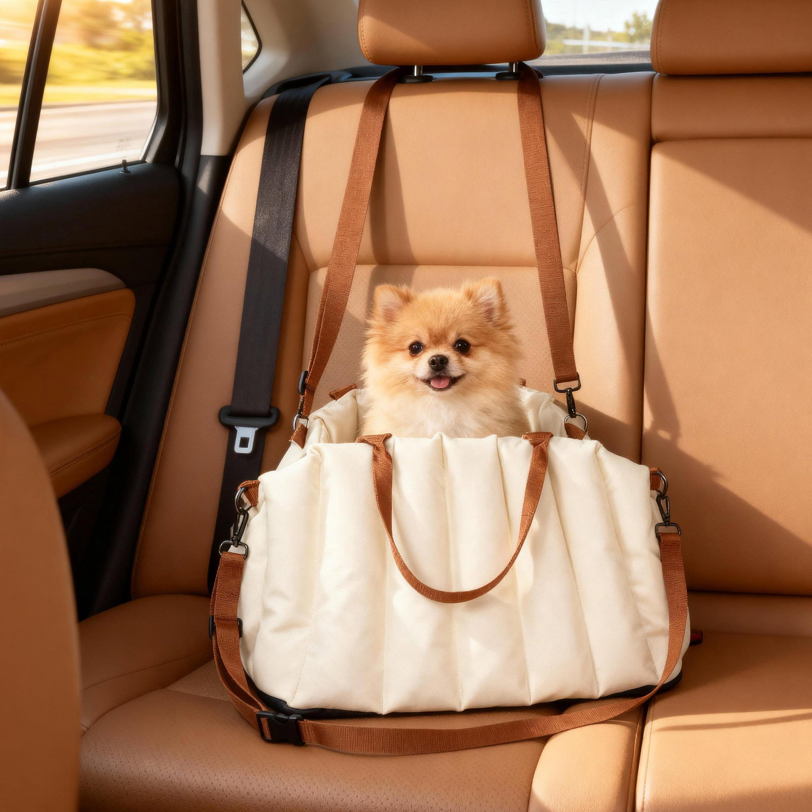 Assento de carro para cães pequenos de até 5 kg com cinto de segurança e capa removível e lavável 50x30x31 cm creme