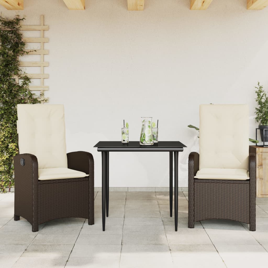 3 Pcs conjunto jantar p/ jardim c/ almofadões vime PE castanho