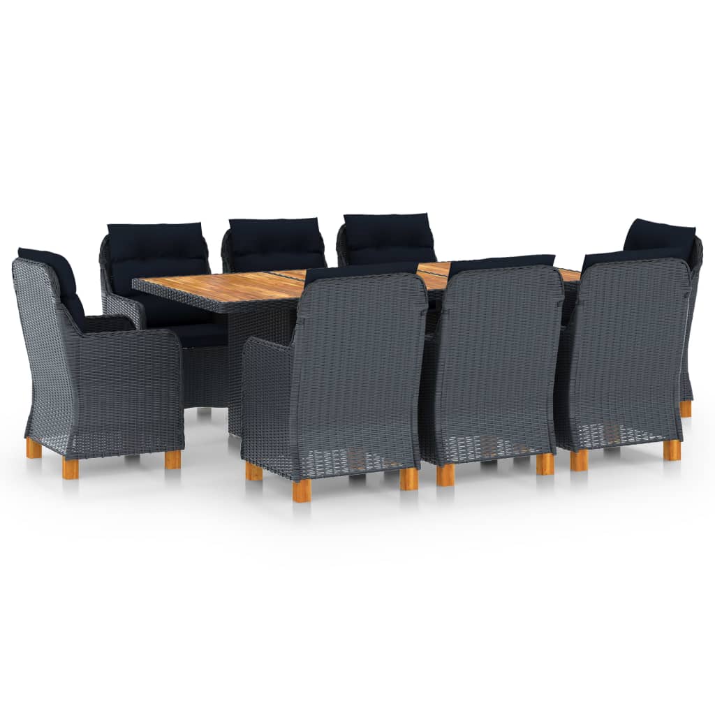 9 Pcs conj. jantar exterior c/ almofadões vime PE cinza-escuro