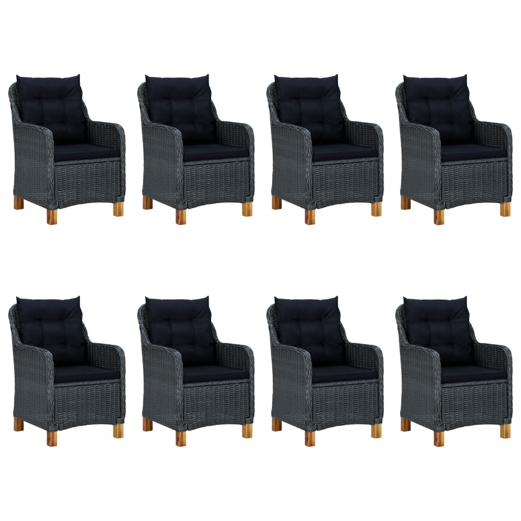 9 Pcs conj. jantar exterior c/ almofadões vime PE cinza-escuro