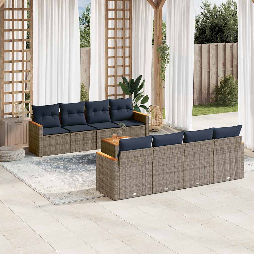 Conjunto de sofá de jardim de 9 peças com almofadas em rattan sintético cinza