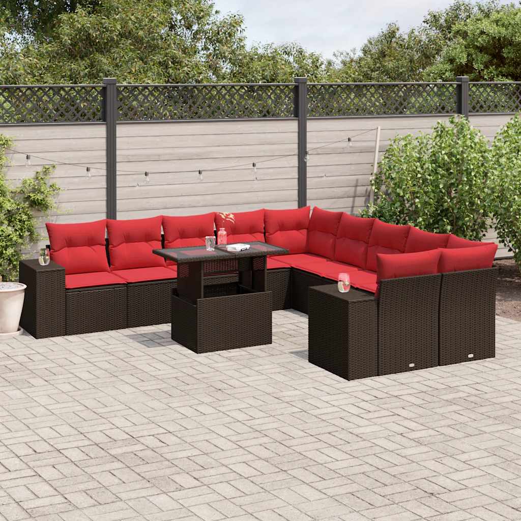 Conjunto de sofá de jardim com 11 peças e almofadas em rattan sintético marrom