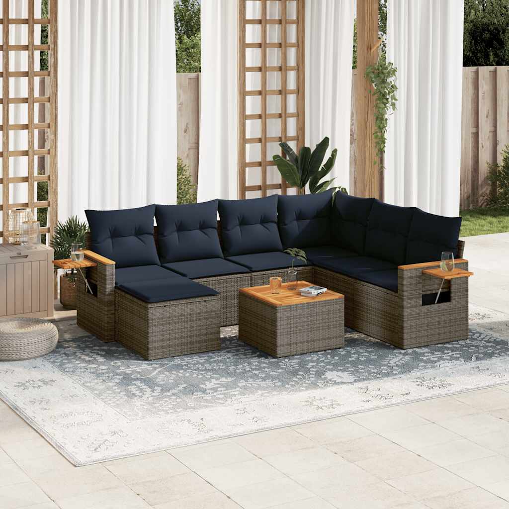 8 Pcs conjunto sofás p/ jardim c/ almofadões vime PE cinzento