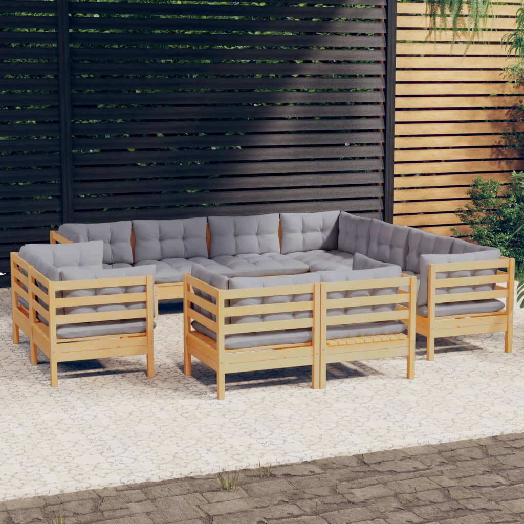 11Pcs conjunto lounge de jardim + almofadões cinza pinho maciço