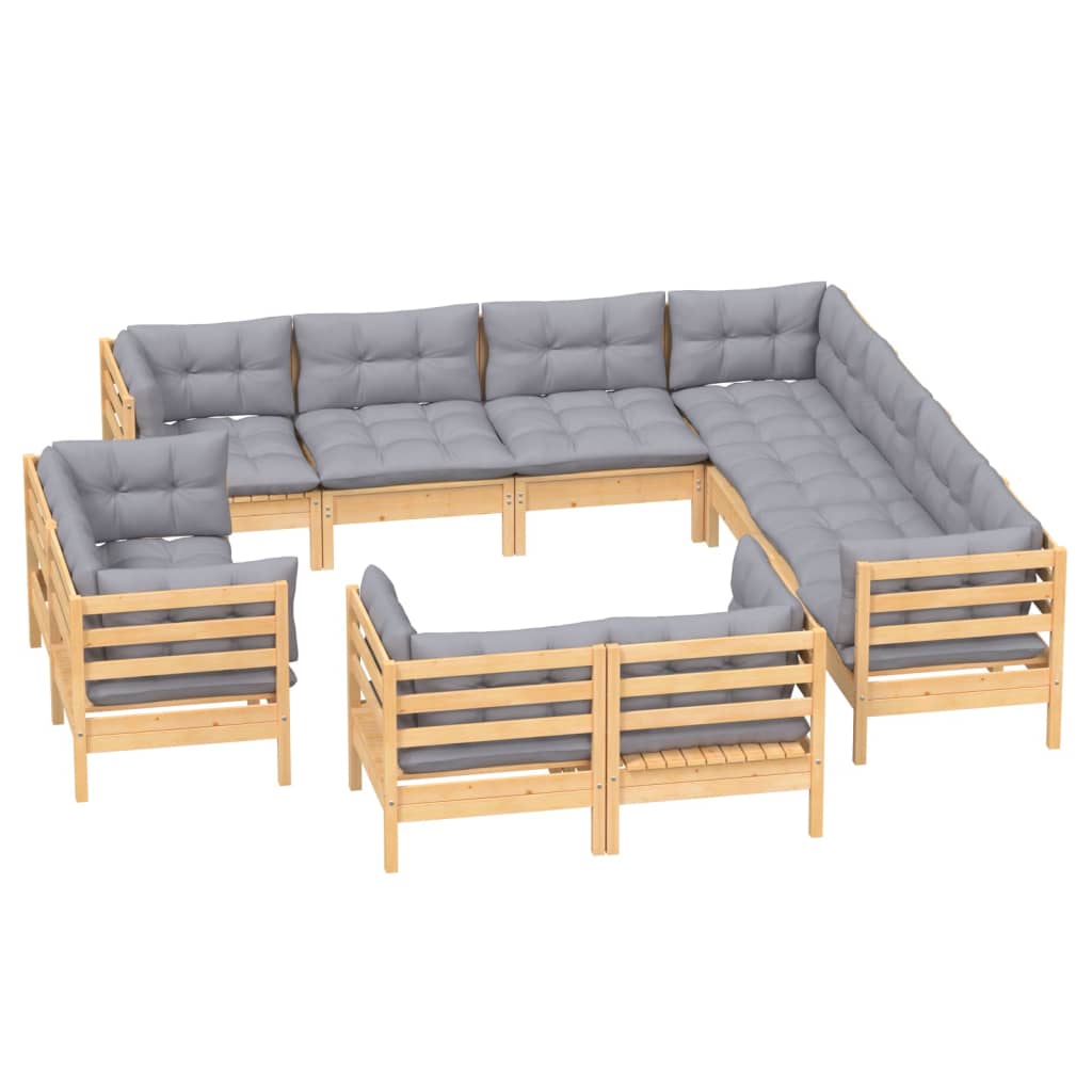 11Pcs conjunto lounge de jardim + almofadões cinza pinho maciço