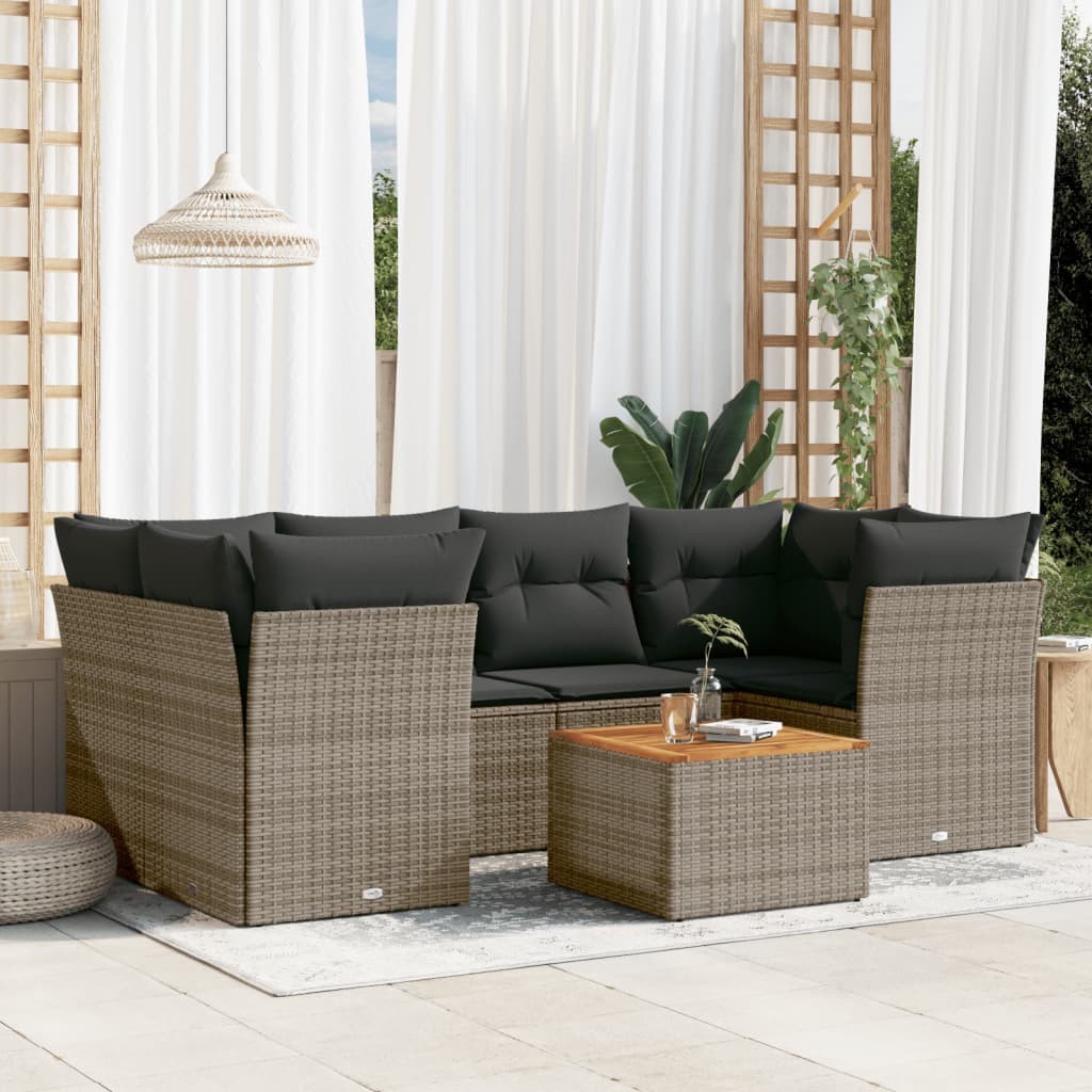 7 Pcs conjunto sofás p/ jardim c/ almofadões vime PE cinzento