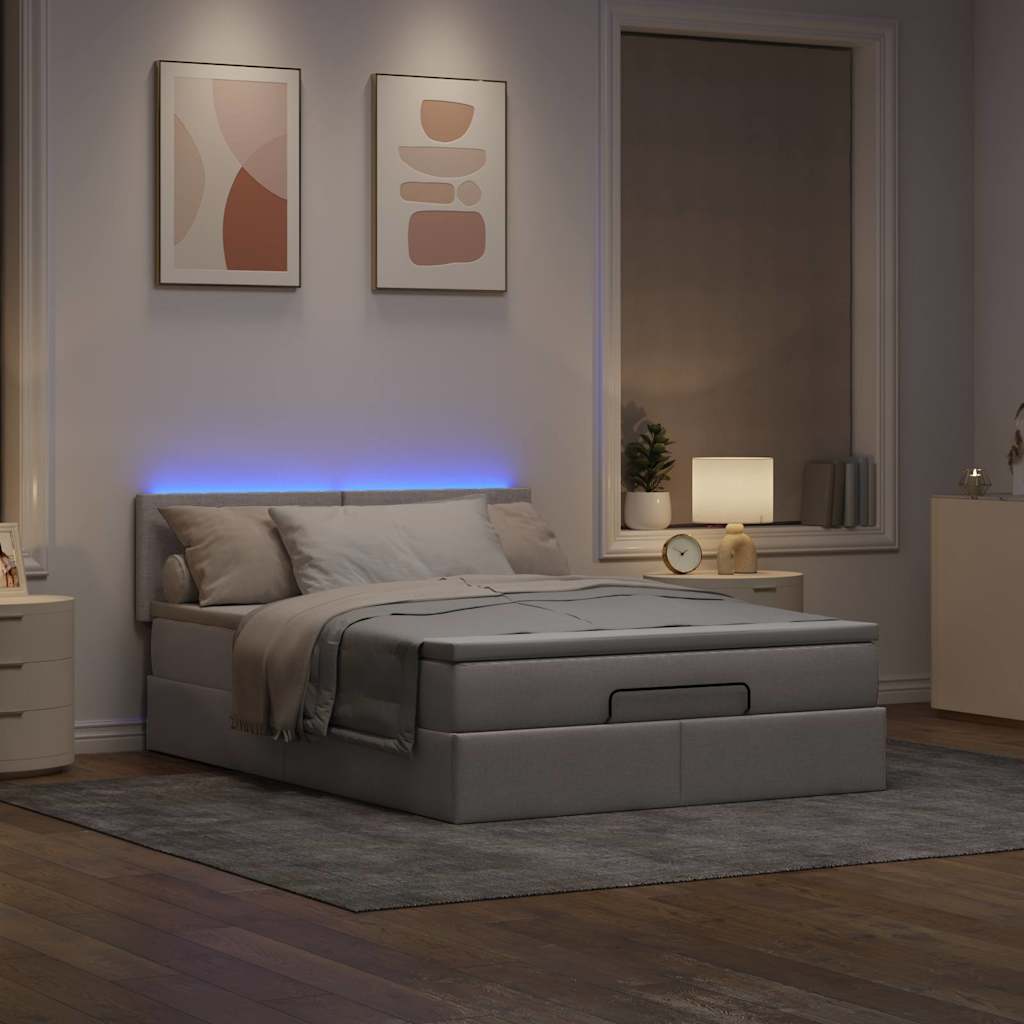 Cama otomana com colchão & leds 140x200 cm tecido cinza