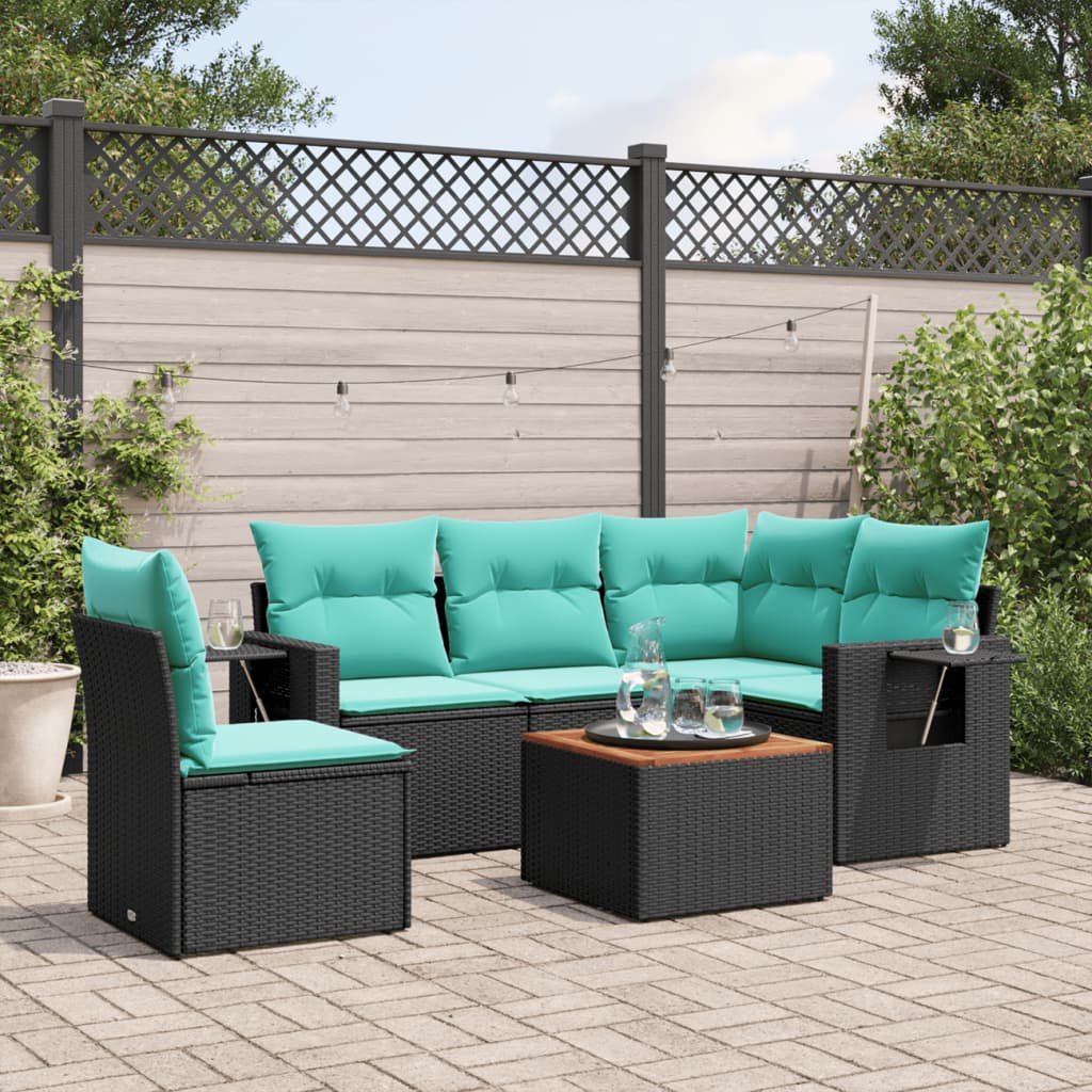 Conjunto de sofá de jardim com 6 peças e almofadas em rattan sintético preto