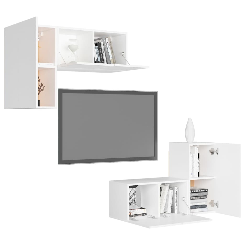 4 Pcs conjunto de móveis de TV derivados de madeira branco