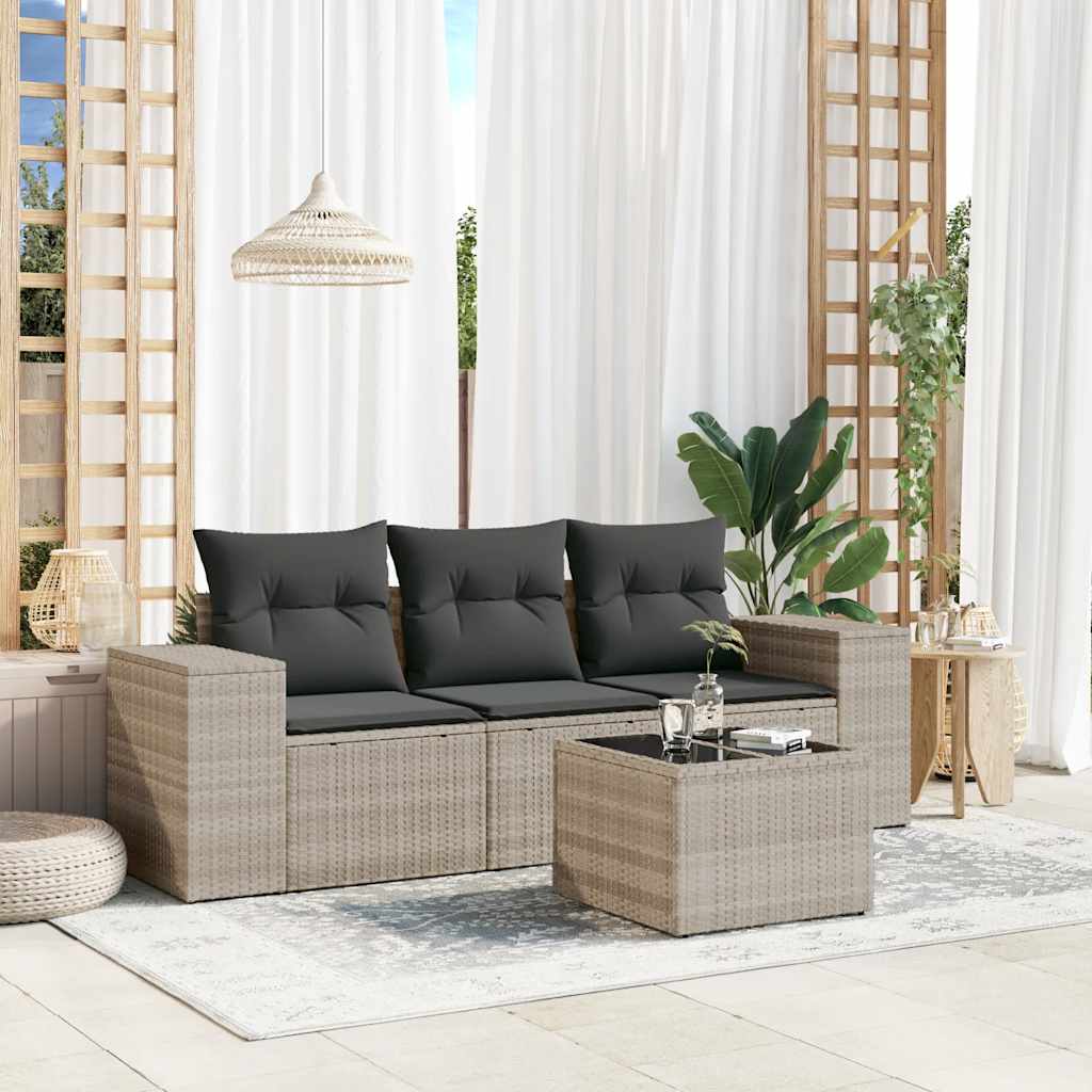 4 Pcs conj. sofás jardim c/ almofadões vime PE cinzento-claro