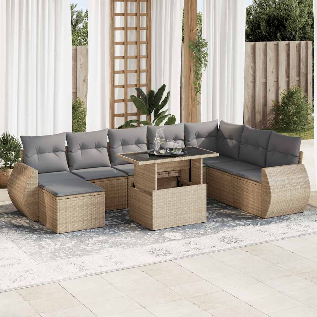 9 Pcs conjunto de sofás p/ jardim com almofadões vime PE bege