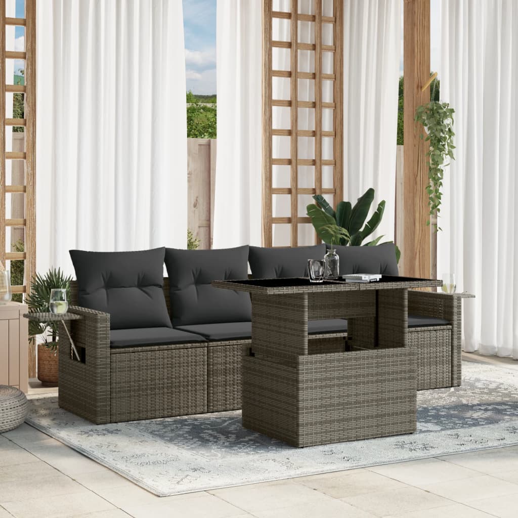 5 Pcs conjunto sofás de jardim c/ almofadões vime PE cinzento