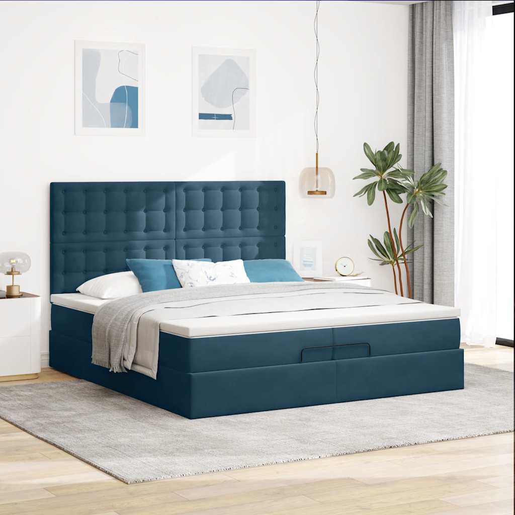 Estrutura de cama otomana com colchão azul escuro veludo