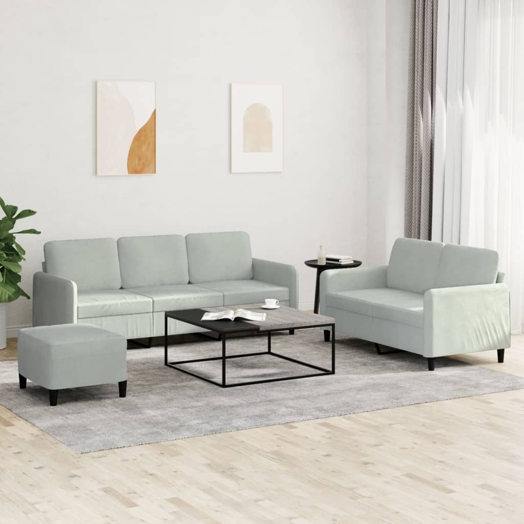 3 Pcs conjunto de sofás veludo cinzento-claro