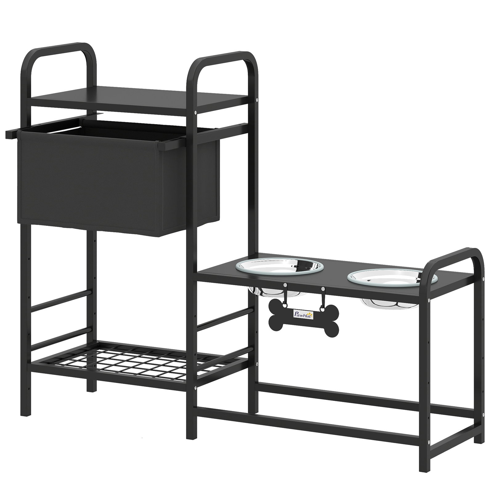 Comedouro elevado para cães com gaveta em tecido 2 taças de aço inoxidável 2x800 ml altura ajustável 2 prateleiras 89,5x27x74 cm preto