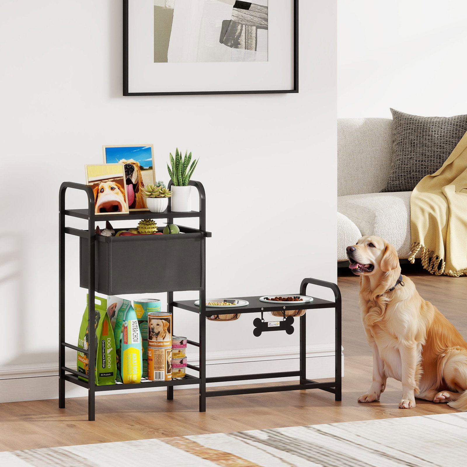 Comedouro elevado para cães com gaveta em tecido 2 taças de aço inoxidável 2x800 ml altura ajustável 2 prateleiras 89,5x27x74 cm preto