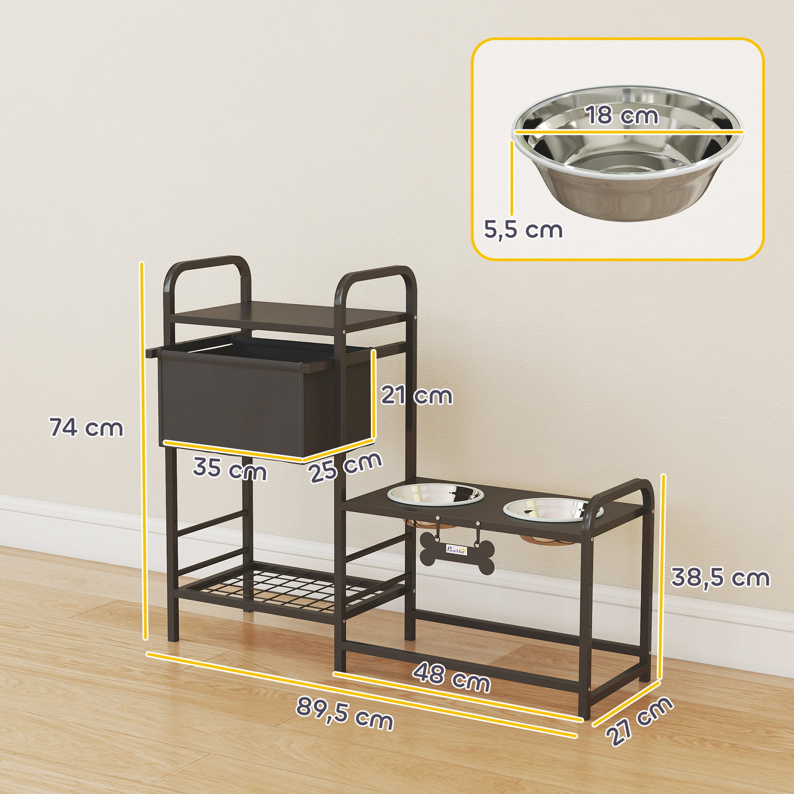 Comedouro elevado para cães com gaveta em tecido 2 taças de aço inoxidável 2x800 ml altura ajustável 2 prateleiras 89,5x27x74 cm preto