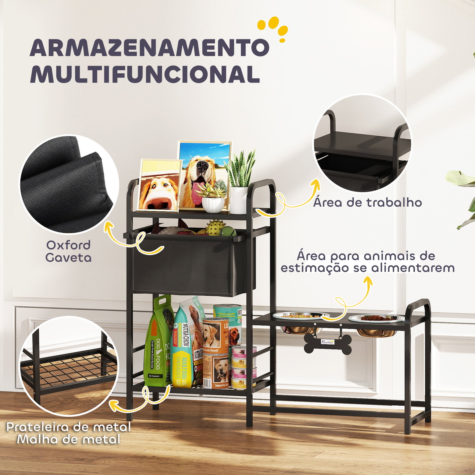 Comedouro elevado para cães com gaveta em tecido 2 taças de aço inoxidável 2x800 ml altura ajustável 2 prateleiras 89,5x27x74 cm preto