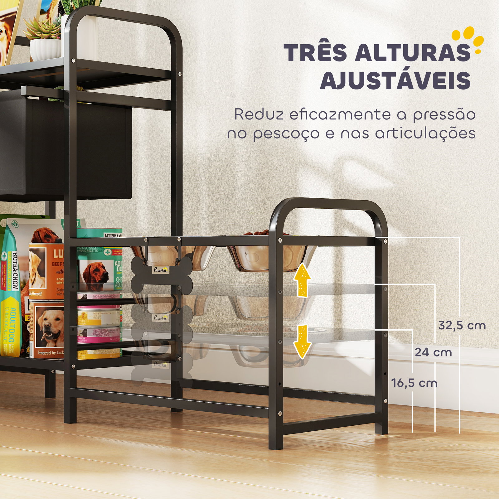 Comedouro elevado para cães com gaveta em tecido 2 taças de aço inoxidável 2x800 ml altura ajustável 2 prateleiras 89,5x27x74 cm preto