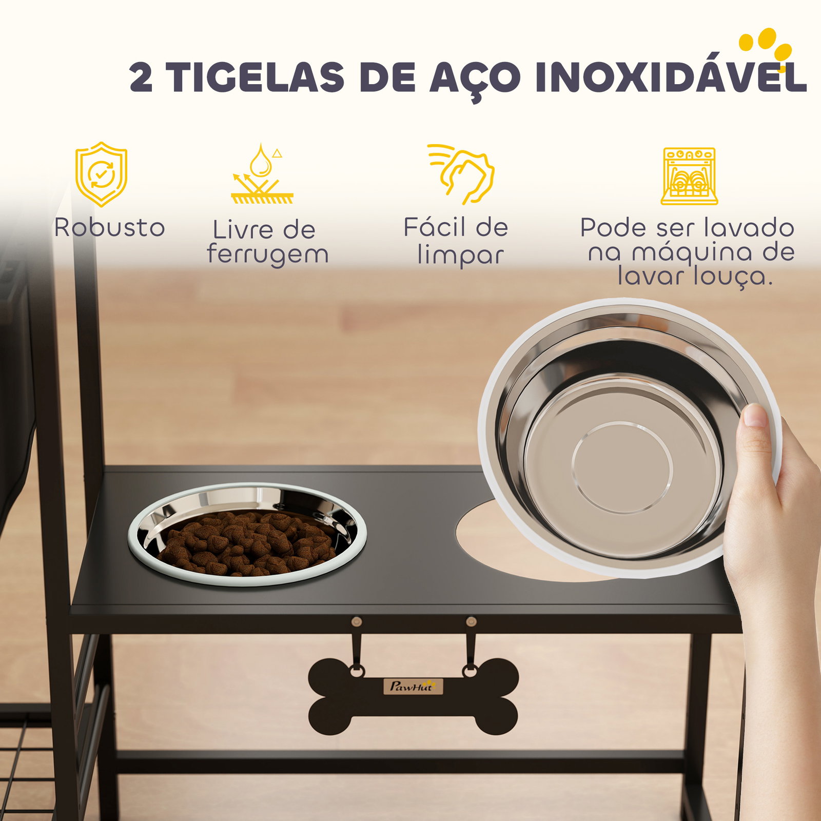 Comedouro elevado para cães com gaveta em tecido 2 taças de aço inoxidável 2x800 ml altura ajustável 2 prateleiras 89,5x27x74 cm preto