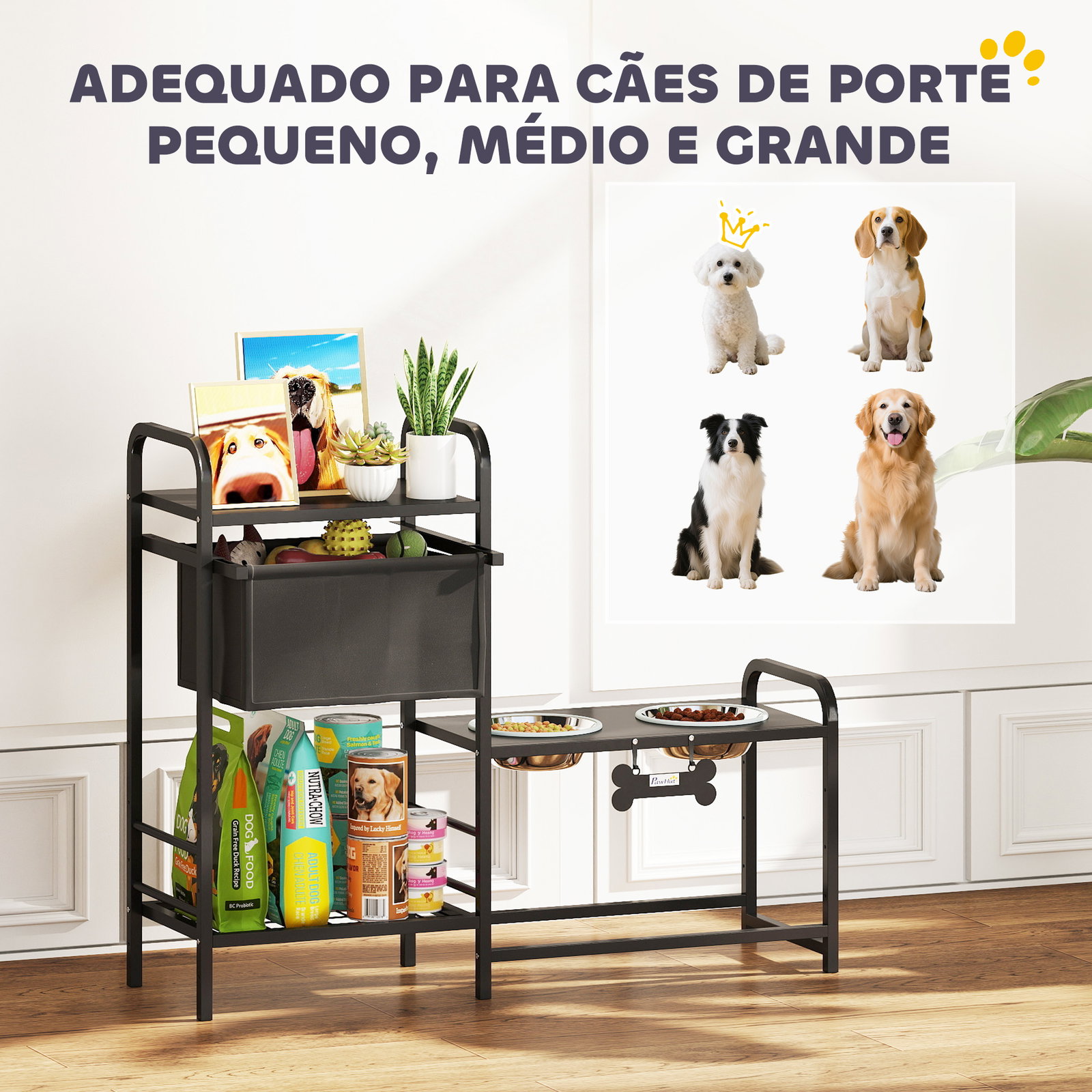 Comedouro elevado para cães com gaveta em tecido 2 taças de aço inoxidável 2x800 ml altura ajustável 2 prateleiras 89,5x27x74 cm preto