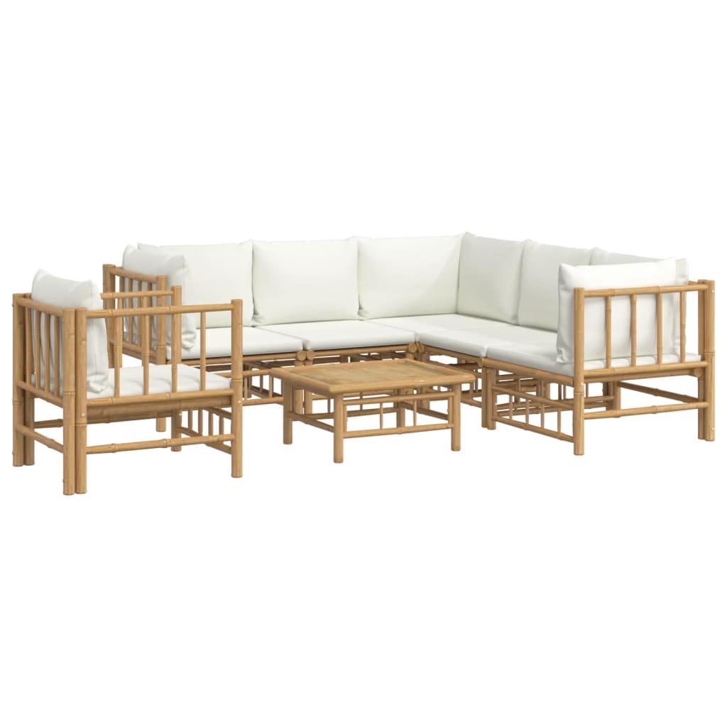 7 Pcs conjunto lounge de jardim bambu c/ almofadões branco nata