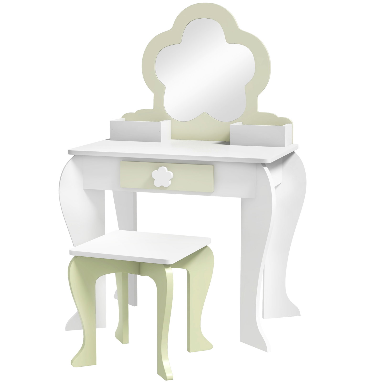 Toucador crianças com espelho e banco toucador de maquilhagem para crianças de 3-6 anos 55x34x87,5 cm branco e verde pastel